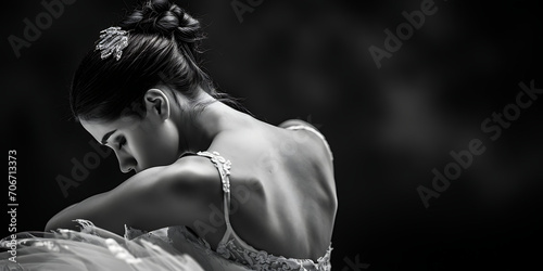 Fotografia íntima em preto e branco capturando a emoção de uma bailarina durante a performance, demonstrando elegância e movimento. photo