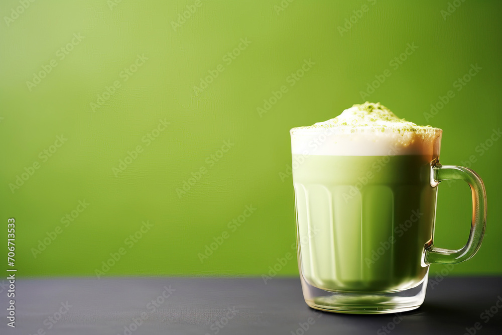 Matcha latte in a glass cup, green background Matcha latte in a glass cup, green background