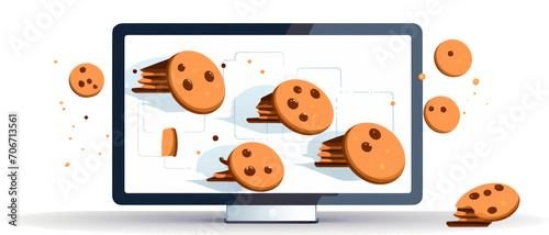 Illustration of cookies coming out of a computer screen, symbolizing internet cookies.