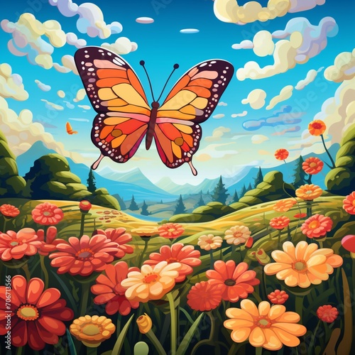 Beautiful flower field with cartoon butterfly holding image Ai generated art