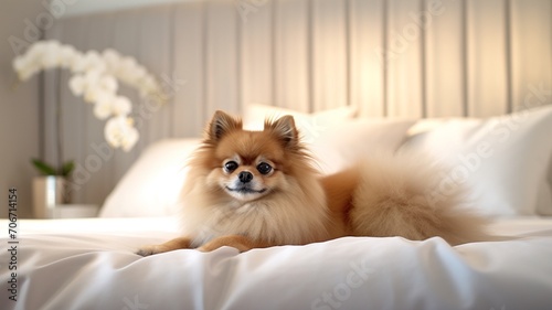 Cute sleepy pomeranian dog lying on bed picture