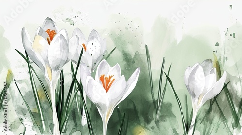 white Crocus, early bloomer, artistic watercolor illustration for easter greeting cards, spring flower background banner