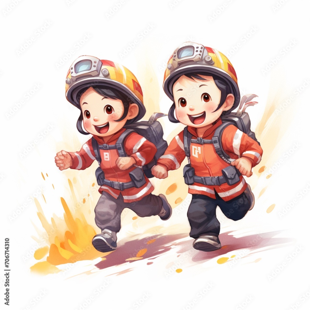 Cute two cartoon child firefighter man running illustration