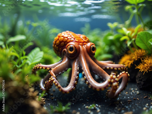 octopus, swimming in its natural habitat, against a background of various vegetation