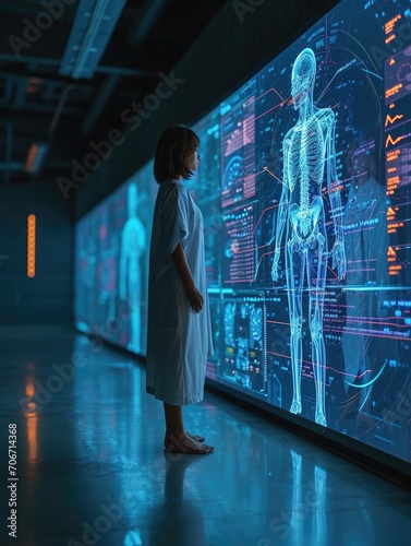 A person standing next to their digital twin, displayed on a large, transparent futuristic screen, with health stats and treatment recommendations visible around the digital figure