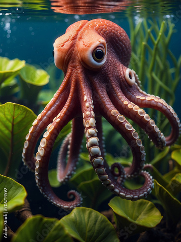 octopus, swimming in its natural habitat, against a background of various vegetation