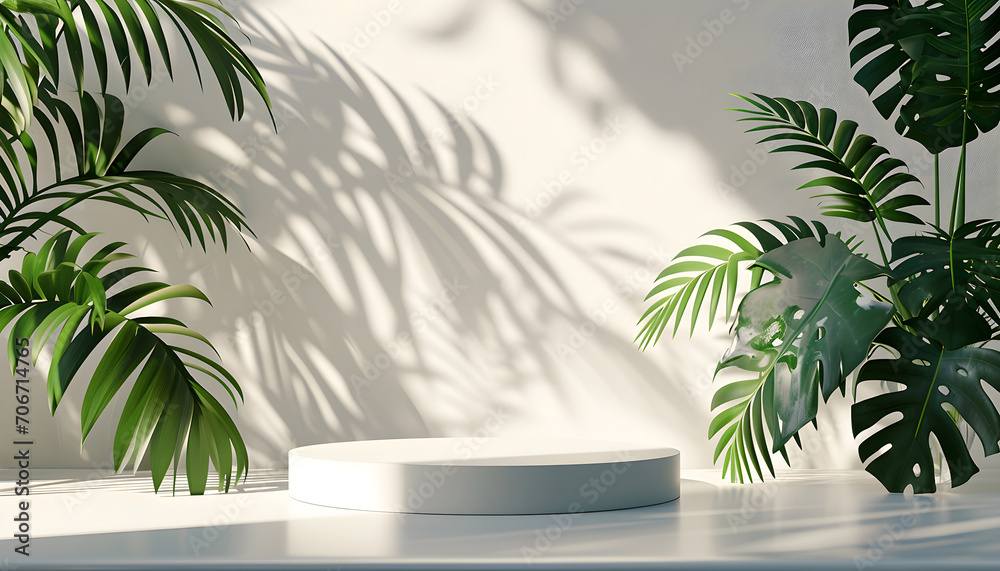 Minimal podium abstract background for product presentation. Leaf shadow on white plaster wall. 3d render. Spring and summer Minimal podium abstract background for product presentation. Leaf shadow on white plaster wall. 3d render. Spring and summer