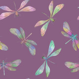 Abstract watercolor background for design, with flying dragonflies on a purple background