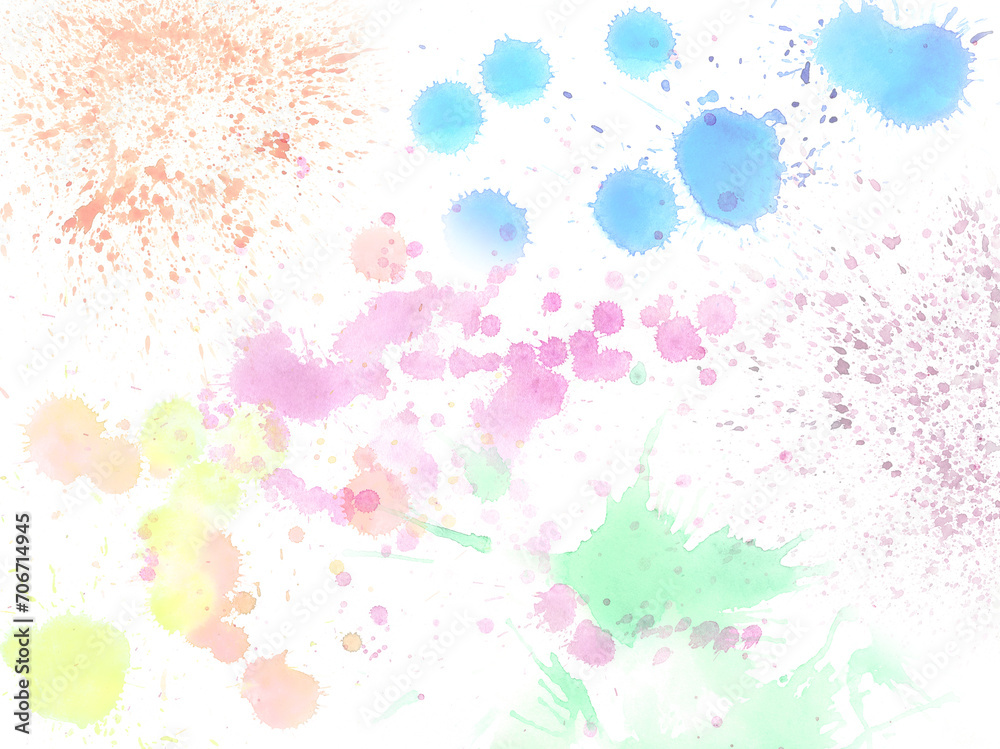 splashes and spots of multi-colored watercolor paint on white paper, colorful abstract background for design