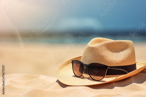 Sunny Beach Scene  Hat  Sunglasses  Summer Vacation Concept  Coastal Relaxation Under Clear Skies
