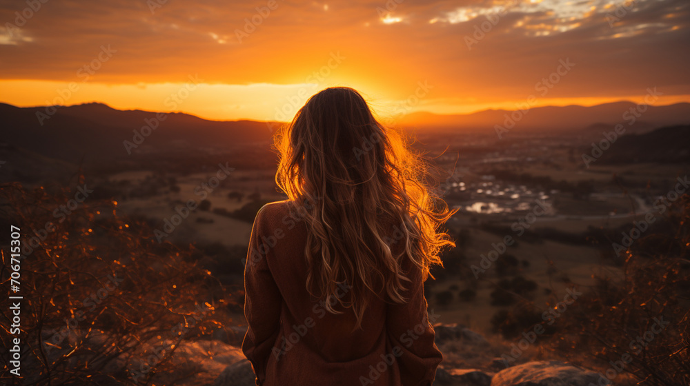 Fototapeta premium The girl sitting on a high place, facing the mountains, the sunset