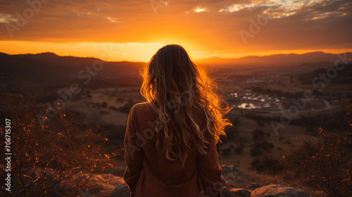The girl sitting on a high place, facing the mountains, the sunset © Daniel