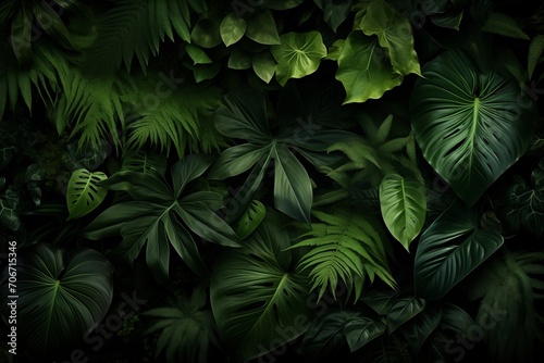 Exotic Plants Wall Art, Forest Background with Stacked Leaves on Black, Nature Image of Beautiful Foliage Above photo