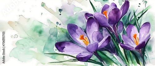 purple Crocus  early bloomer  artistic watercolor illustration for easter greeting cards  spring flower background banner