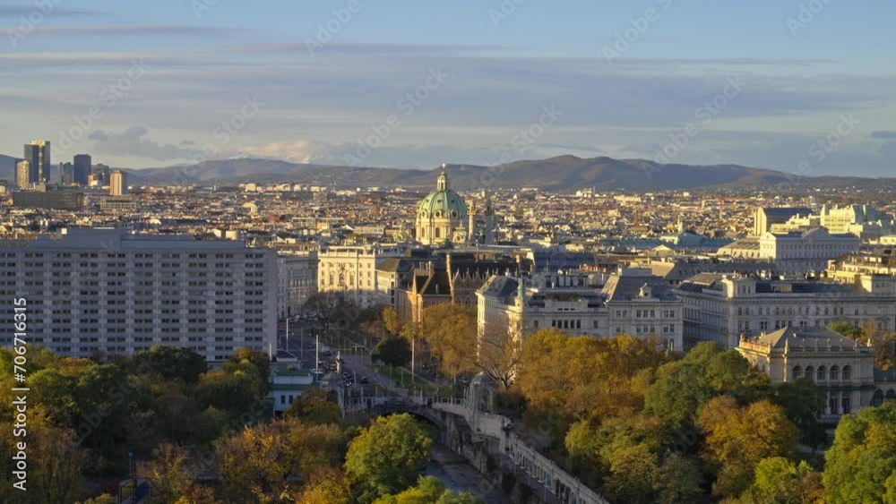 Aerial panoramic sunny morning sunrise over the city of Vienna, Austria Aerial panoramic sunny morning sunrise over the city of Vienna, Austria