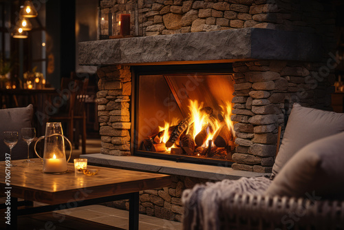 The warm glow of a fireplace in a cozy hotel lounge, providing a comfortable space for guests to unwind. Concept of inviting communal areas. Generative Ai.