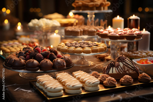 A dessert buffet display at a hotel event, featuring an array of decadent sweets for guests to enjoy. Concept of indulgent culinary offerings. Generative Ai. photo