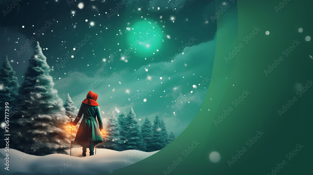 Christmas background, card or banner illustration with person in snowy forest and green blank space for text