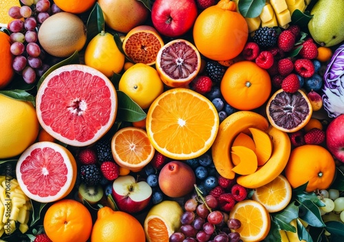 flat lay  assortment of fresh summer fruits. Healthy eating concept. Generative AI