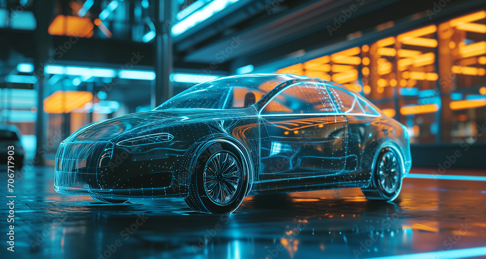 Fototapeta premium High-tech lab developing future machines with holographic architectural models