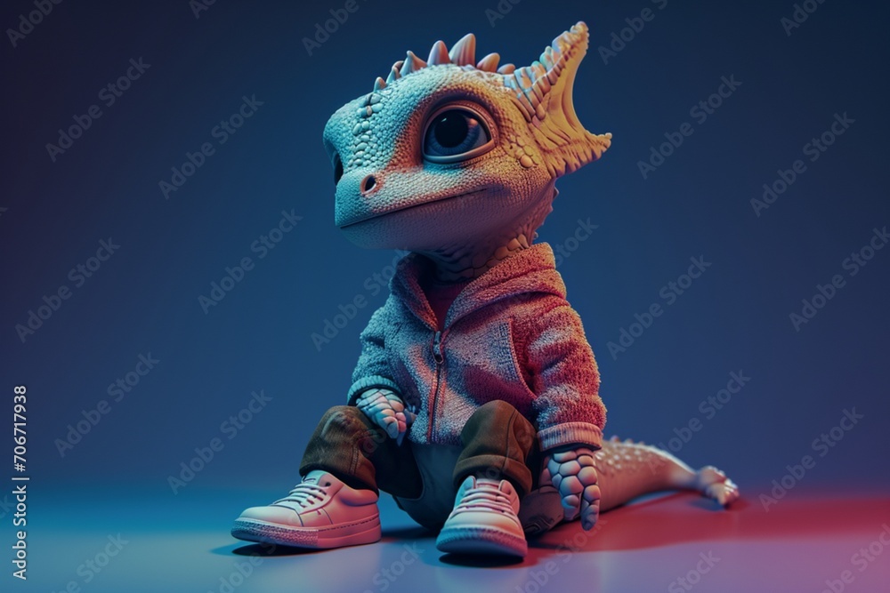 Super cute baby dragon, full body, front, wearing a pink jumper, brown jeans, white sneakers,
