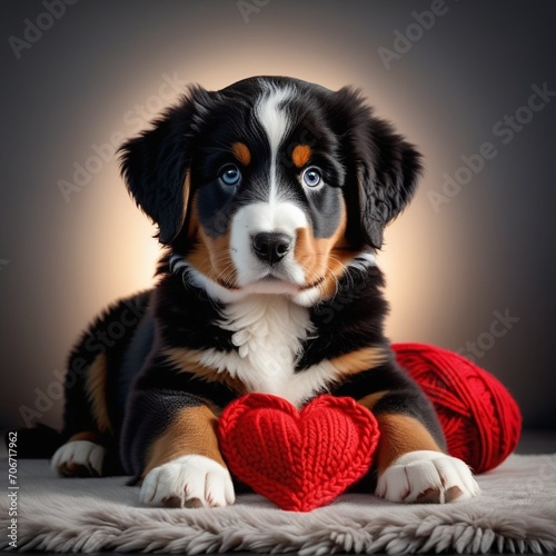 cute little bernese mountain dog puppy with knitted heart in paws. Saint Valentine.