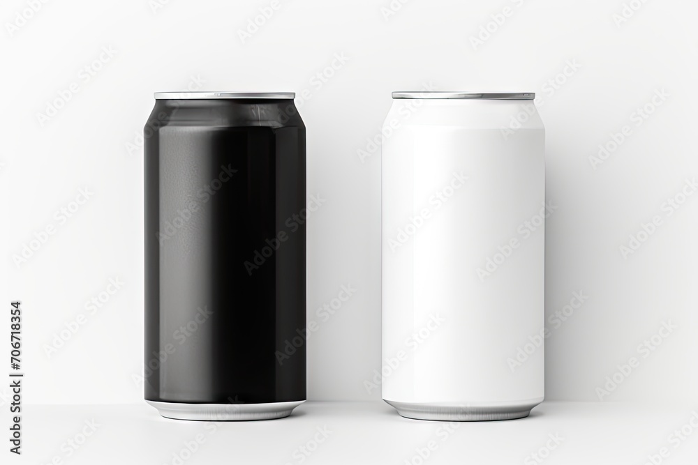 Two unmarked matte-finish cans, one black and one white, against a plain white background. Two unmarked matte-finish cans, one black and one white, against a plain white background.