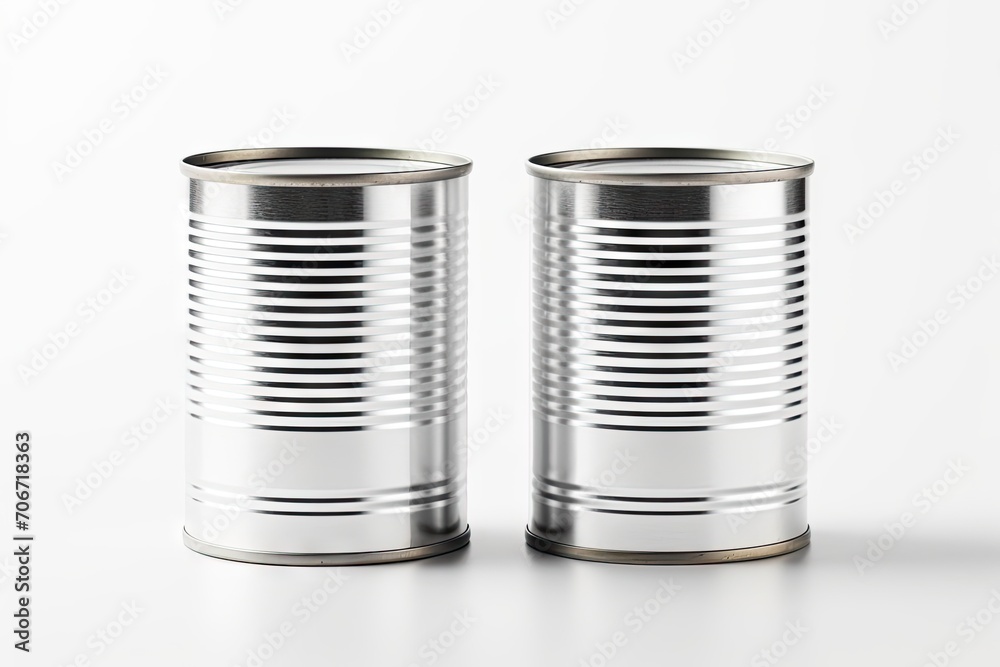 Two identical, clean, and empty tin cans on a white background.