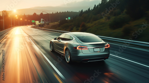 Fast-moving electric vehicle on a busy highway, sleek and modern © Emiliia