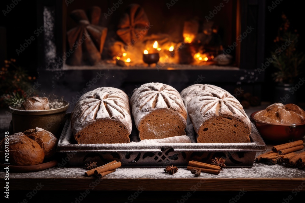 Freshly baked bread dusted with white flour, by a warm, cozy fireplace during a festive season.