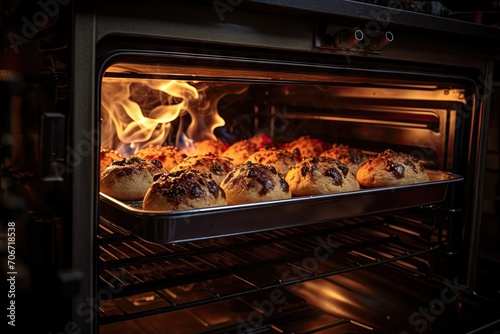 Golden brown buns with seeds bake in a warm, glowing oven.