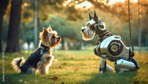 Rencontre entre un chien et un chien robot © David Bleja