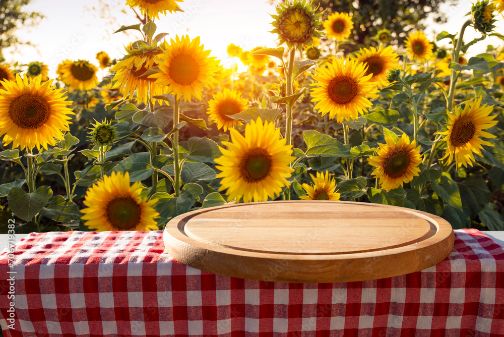 sunflower seeds in sack. Sunflower seeds in burlap bag on wooden table with field of sunflower on the background. Sunflower field with blue sky. Photo with copy space area for a text. High quality sunflower seeds in sack. Sunflower seeds in burlap bag on wooden table with field of sunflower on the background. Sunflower field with blue sky. Photo with copy space area for a text. High quality