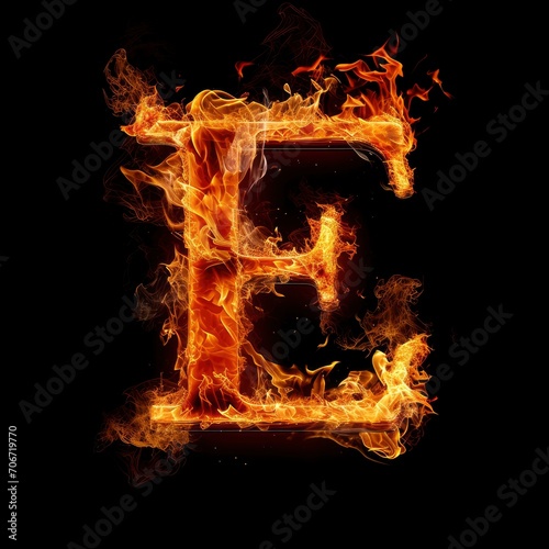 Alphabet letter E with fire on a black background