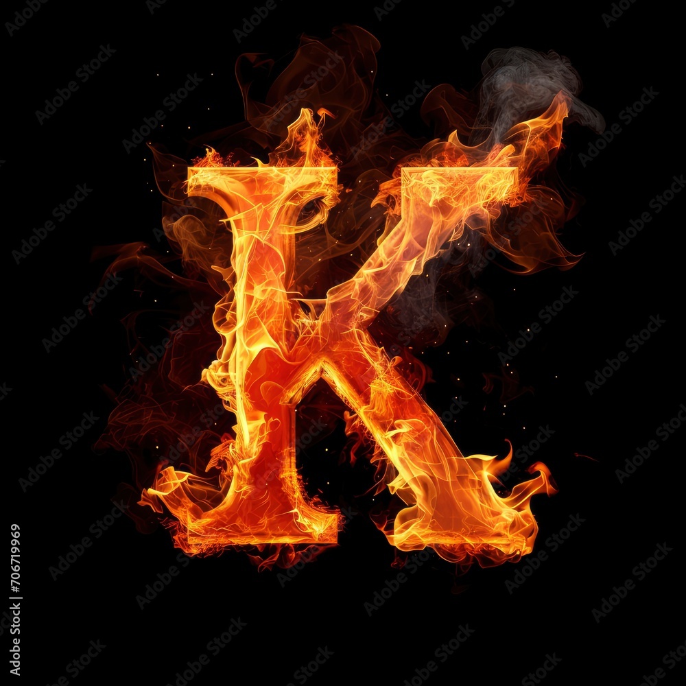 Fototapeta premium Alphabet letter K with fire on a black background