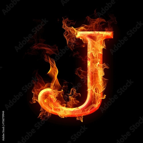 Alphabet letter J with fire on a black background