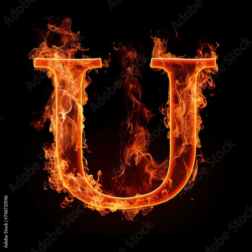 Alphabet letter U with fire on a black background photo