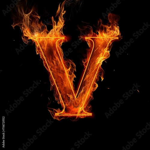 Alphabet letter V with fire on a black background