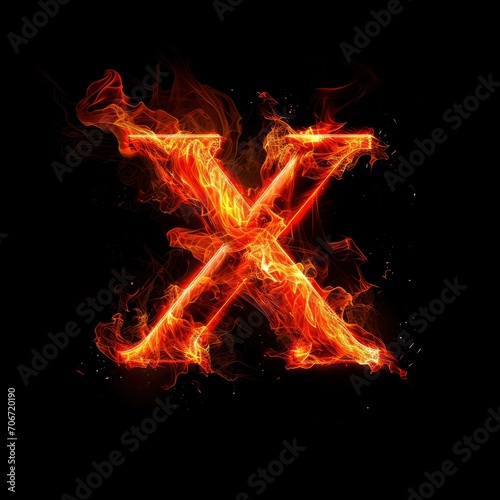 Alphabet letter X with fire on a black background