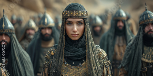 Beautiful Turkish/Ottoman female warrior commander with army on battlefield.