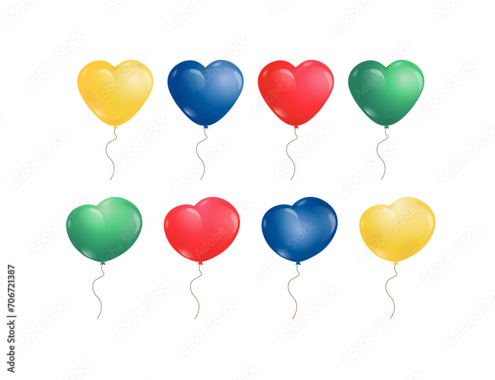 Heart-shaped balloons in cartoon flat style. Set of multi-colored balls. Vector illustration on a white background. Children's illustration of balloons.