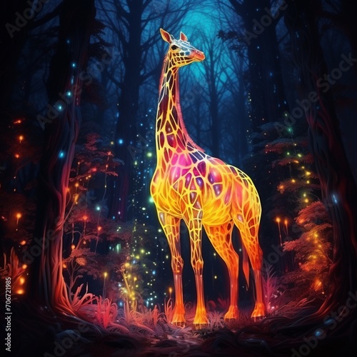 Neon giraffe standing forest images Generative AI