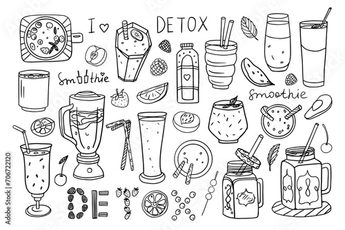 Set of smoothies, yougurt and glasses of different sizes and shapes in doodle style. Detox. Healthy drinks. Hand drawn. Great for bar menu, banner, advertising 