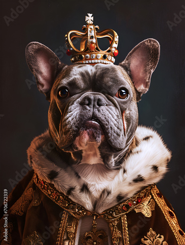 royal french bulldog in regal clothing, kingly portrait