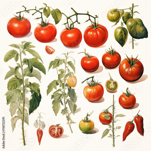 Tomato varieties, hand drawn set. branch, bush, part in a cut. Illustration with tomatoes, red, orange, green colors