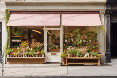 Quaint local florist's storefront adorned with colorful blooms on a city sidewalk. photo