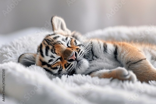 photo of a cute little tiger cub sleeping on a white blanket  copy space