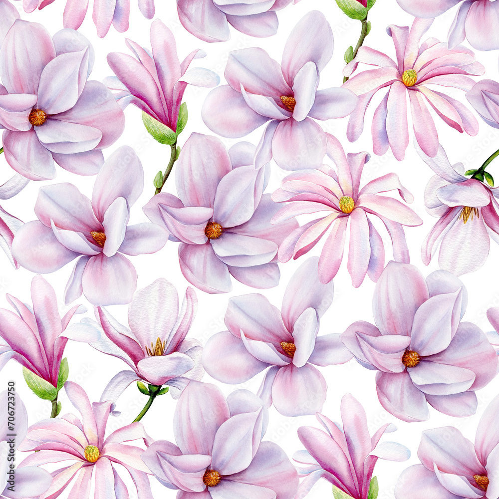 Spring magnolia flowers floral watercolor background Seamless pattern. Beautiful magnolia flower hand drawn illustration