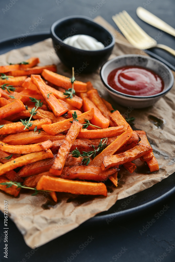 Sweet potato fries with mayo and ketchup Sweet potato fries with mayo and ketchup