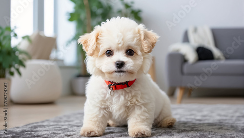 Cute friend white puppy in the room